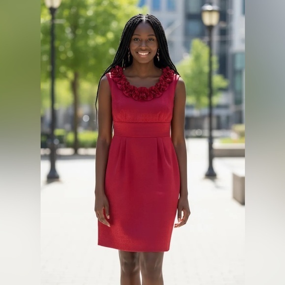 London Times Dresses & Skirts - London Times Elegant Red Sleeveless Dress with Floral Accents Size 10